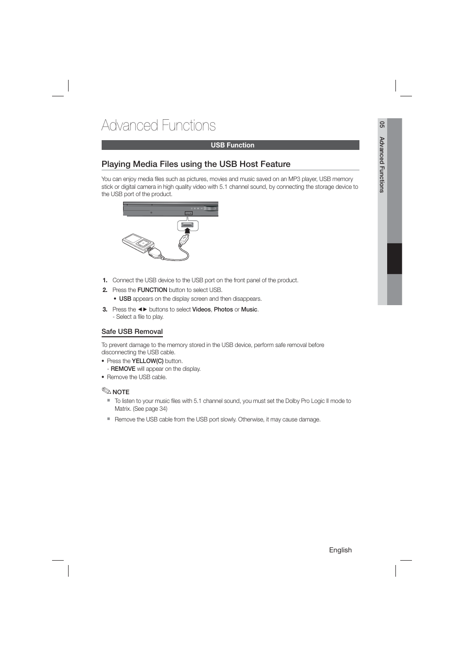 Usb recording, Advanced functions | Samsung HT-E550-ZA User Manual | Page 35 / 45