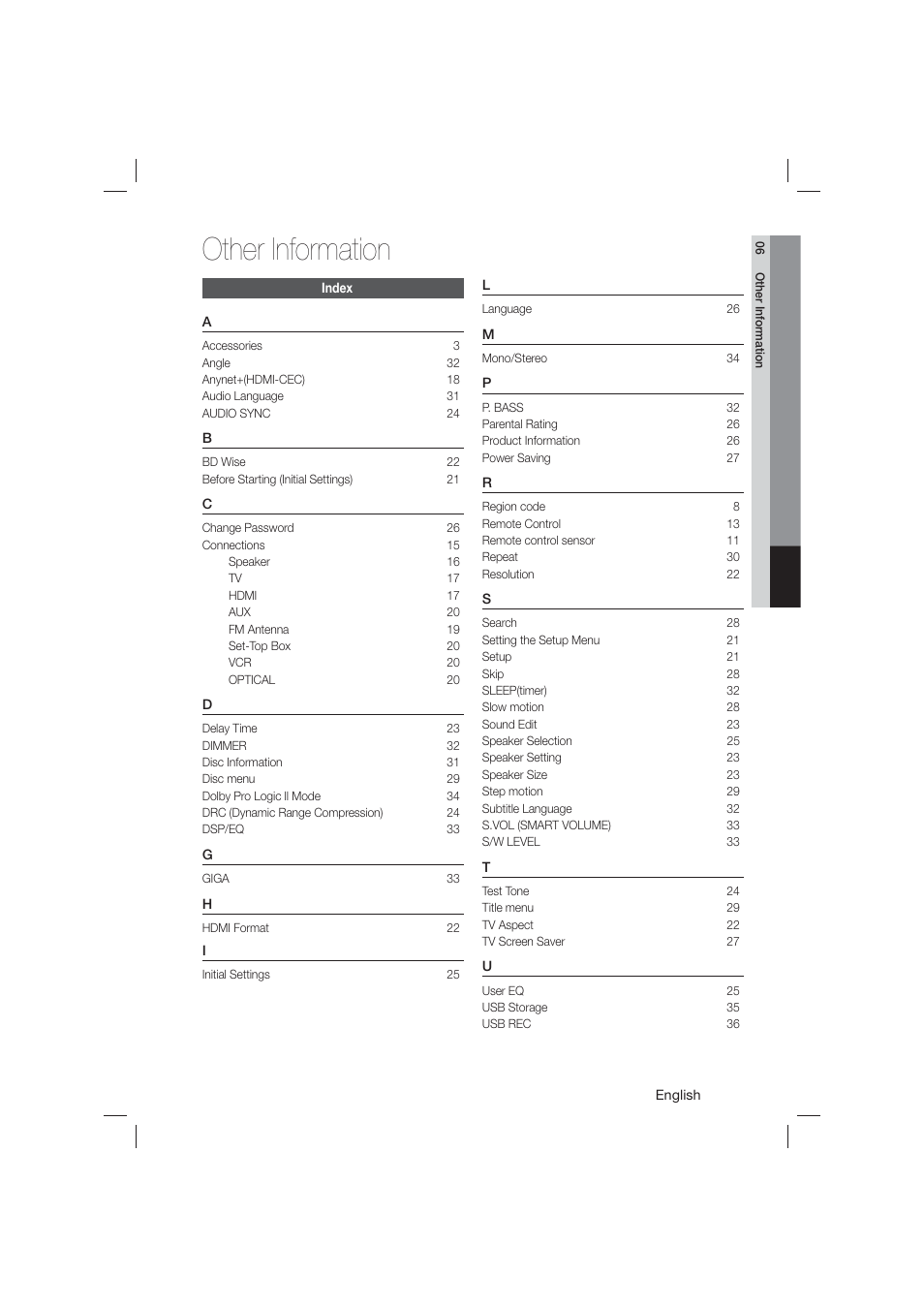Index, Specifications, Other information | Samsung HT-E550-ZA User Manual | Page 39 / 45