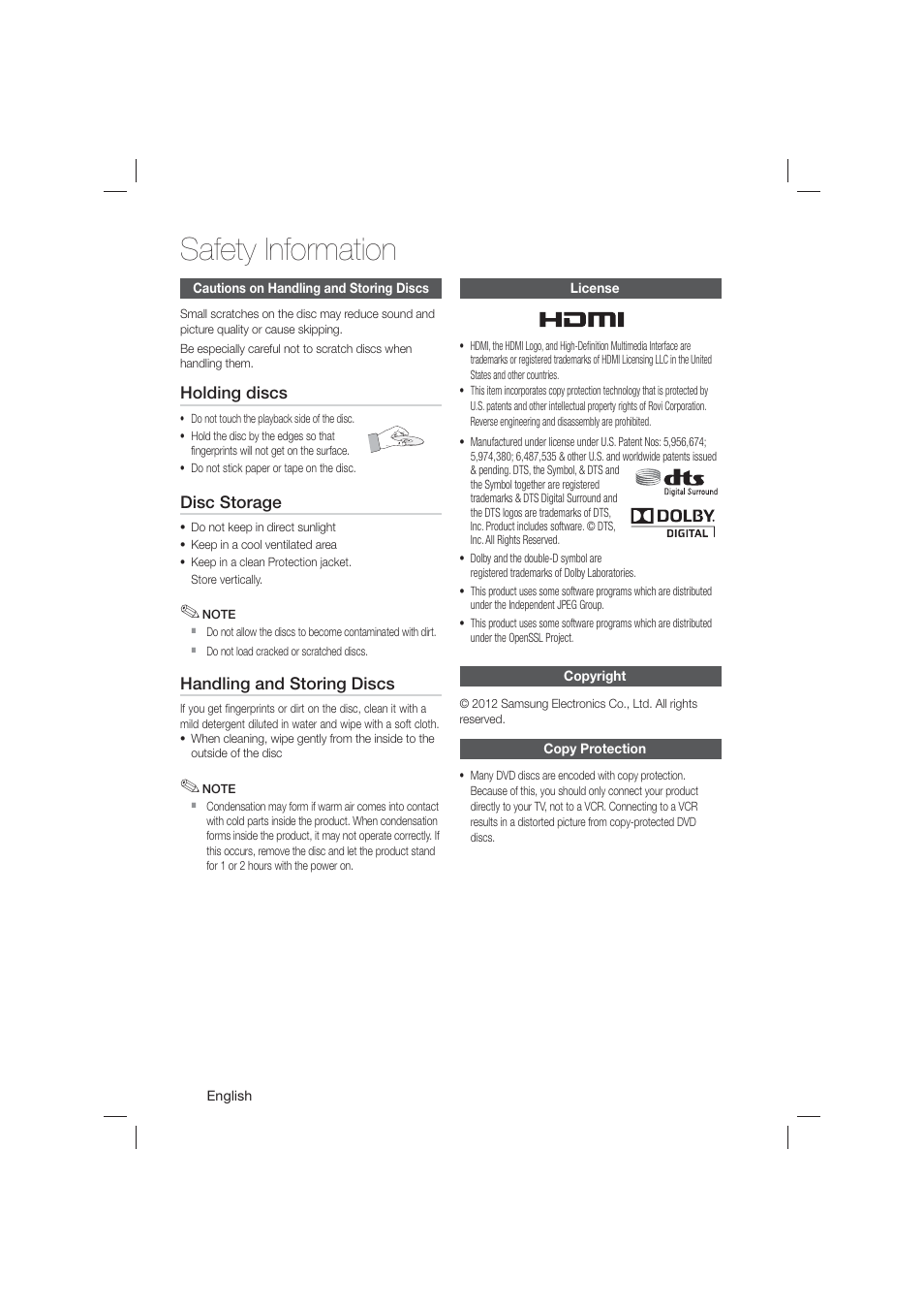 Cautions on handling and storing discs, License, Copyright | Copy protection, Safety information | Samsung HT-E550-ZA User Manual | Page 4 / 45