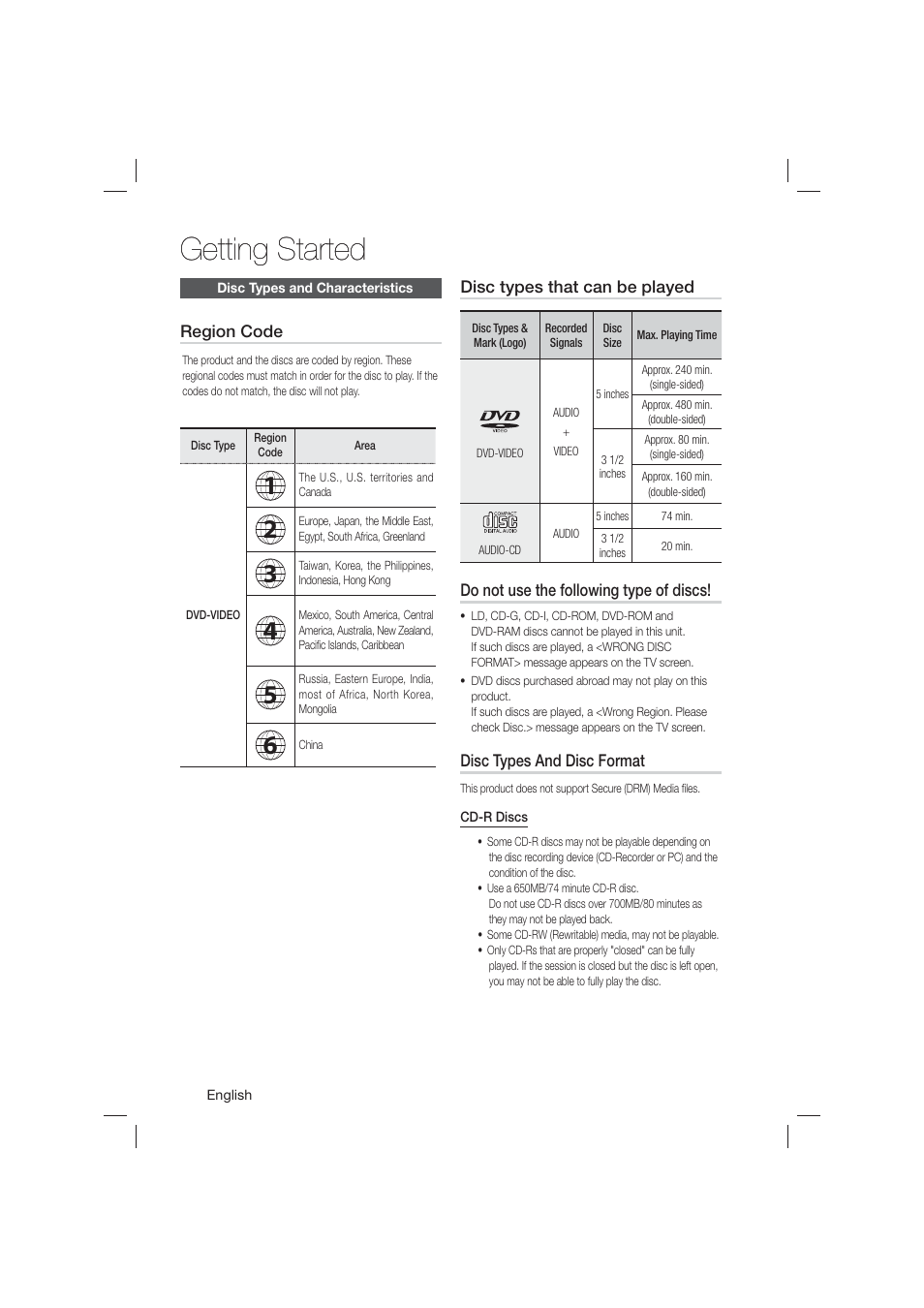 Disc types and characteristics, Getting started | Samsung HT-E550-ZA User Manual | Page 8 / 45