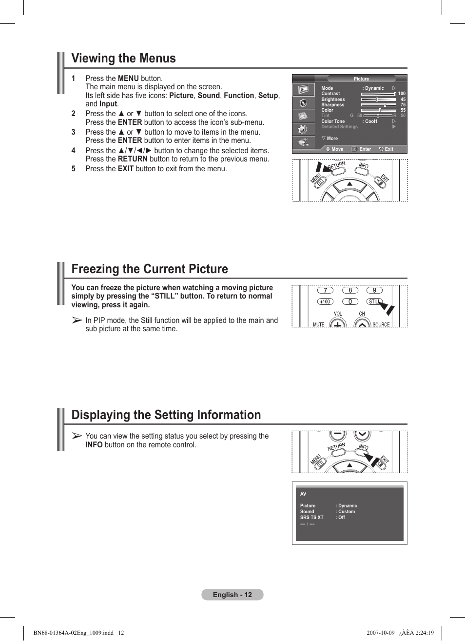 Viewing the menus, Freezing the current picture, Displaying the setting information | Samsung LS57BPHNBG-ZA User Manual | Page 12 / 40