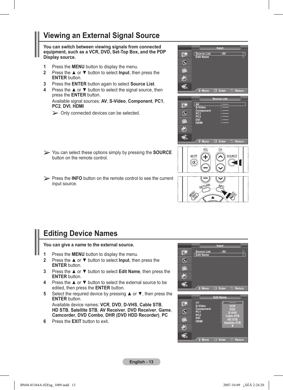 Viewing an external signal source, Editing device names, Only connected devices can be selected | Samsung LS57BPHNBG-ZA User Manual | Page 13 / 40