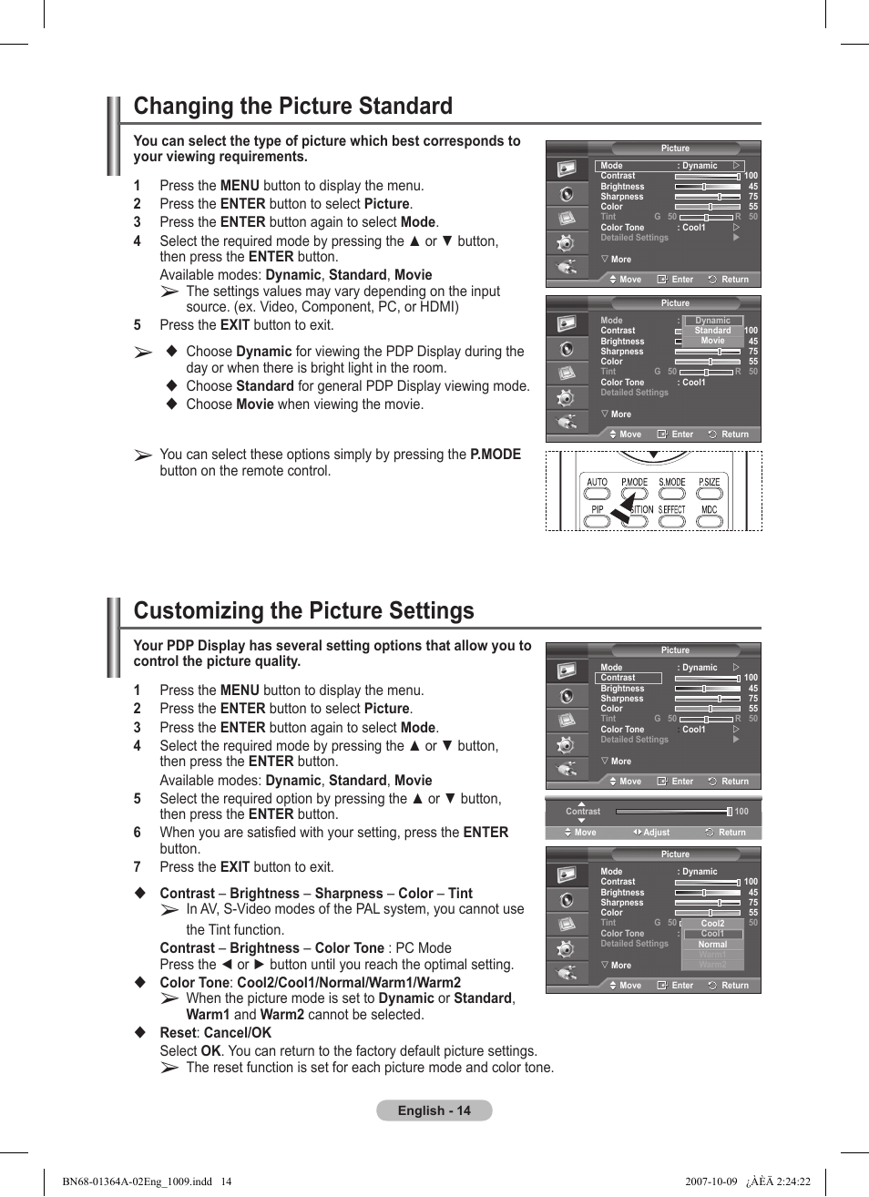 Changing the picture standard, Customizing the picture settings, Choose movie when viewing the movie | Samsung LS57BPHNBG-ZA User Manual | Page 14 / 40