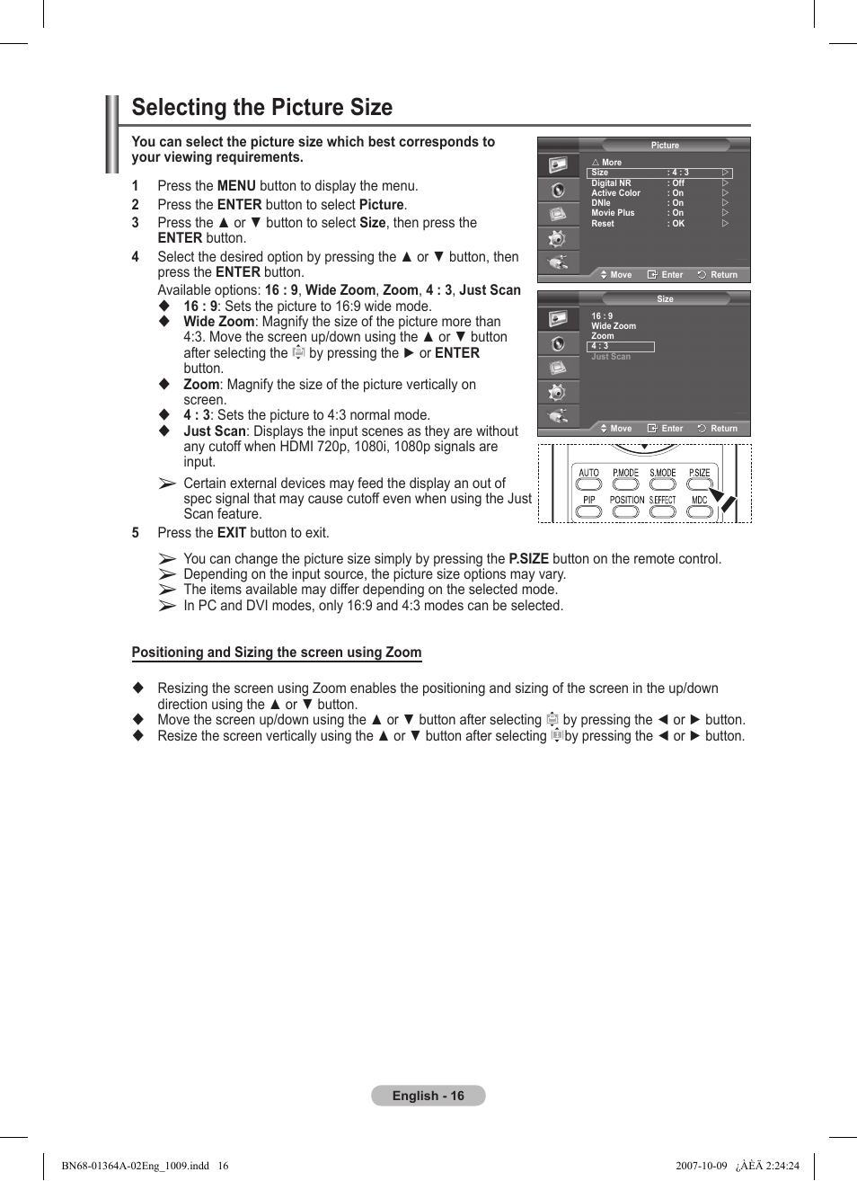 Selecting the picture size | Samsung LS57BPHNBG-ZA User Manual | Page 16 / 40