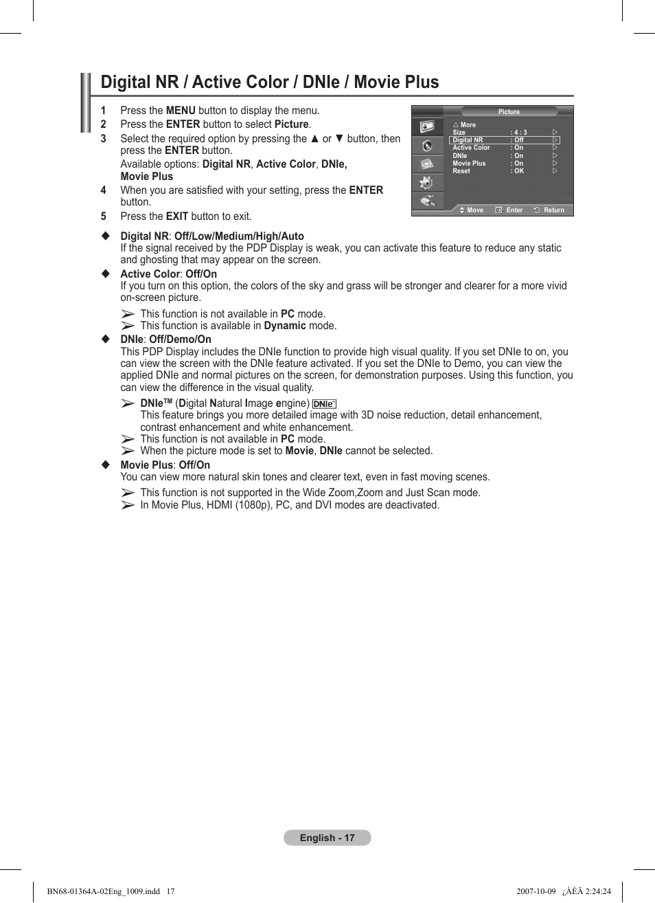 Digital nr / active color / dnie / movie plus | Samsung LS57BPHNBG-ZA User Manual | Page 17 / 40