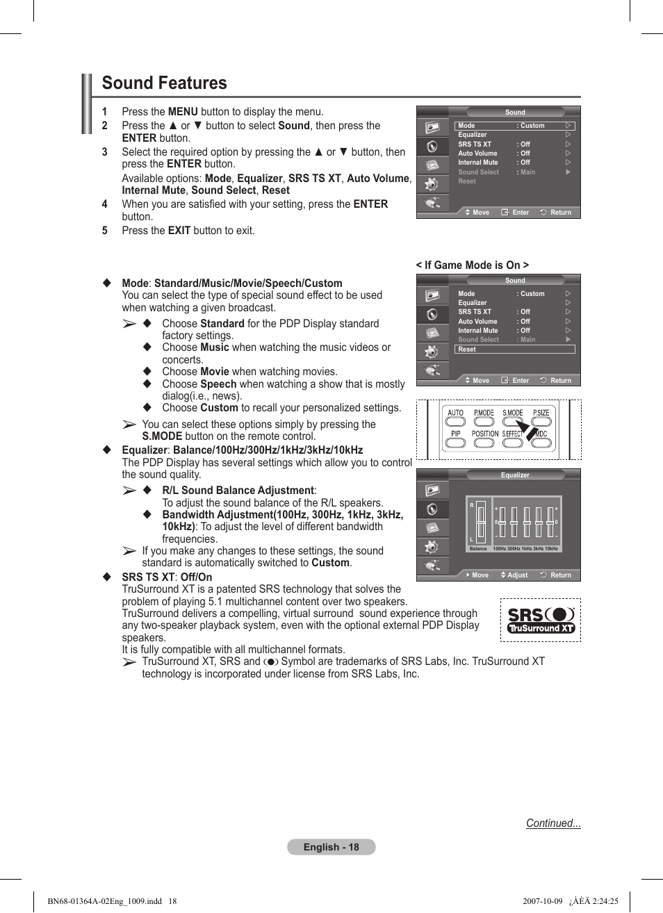 Sound features | Samsung LS57BPHNBG-ZA User Manual | Page 18 / 40