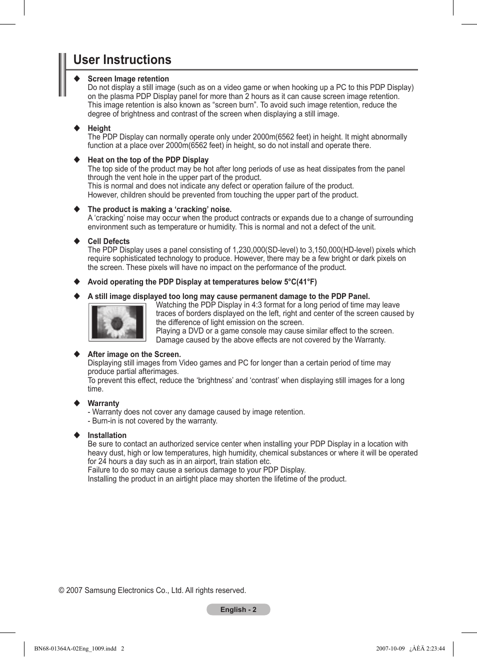 User instructions | Samsung LS57BPHNBG-ZA User Manual | Page 2 / 40