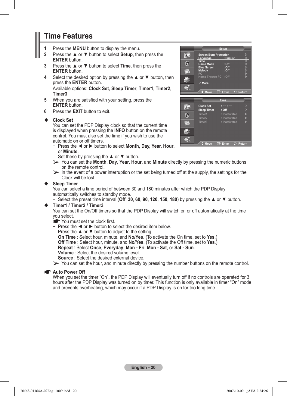 Time features | Samsung LS57BPHNBG-ZA User Manual | Page 20 / 40