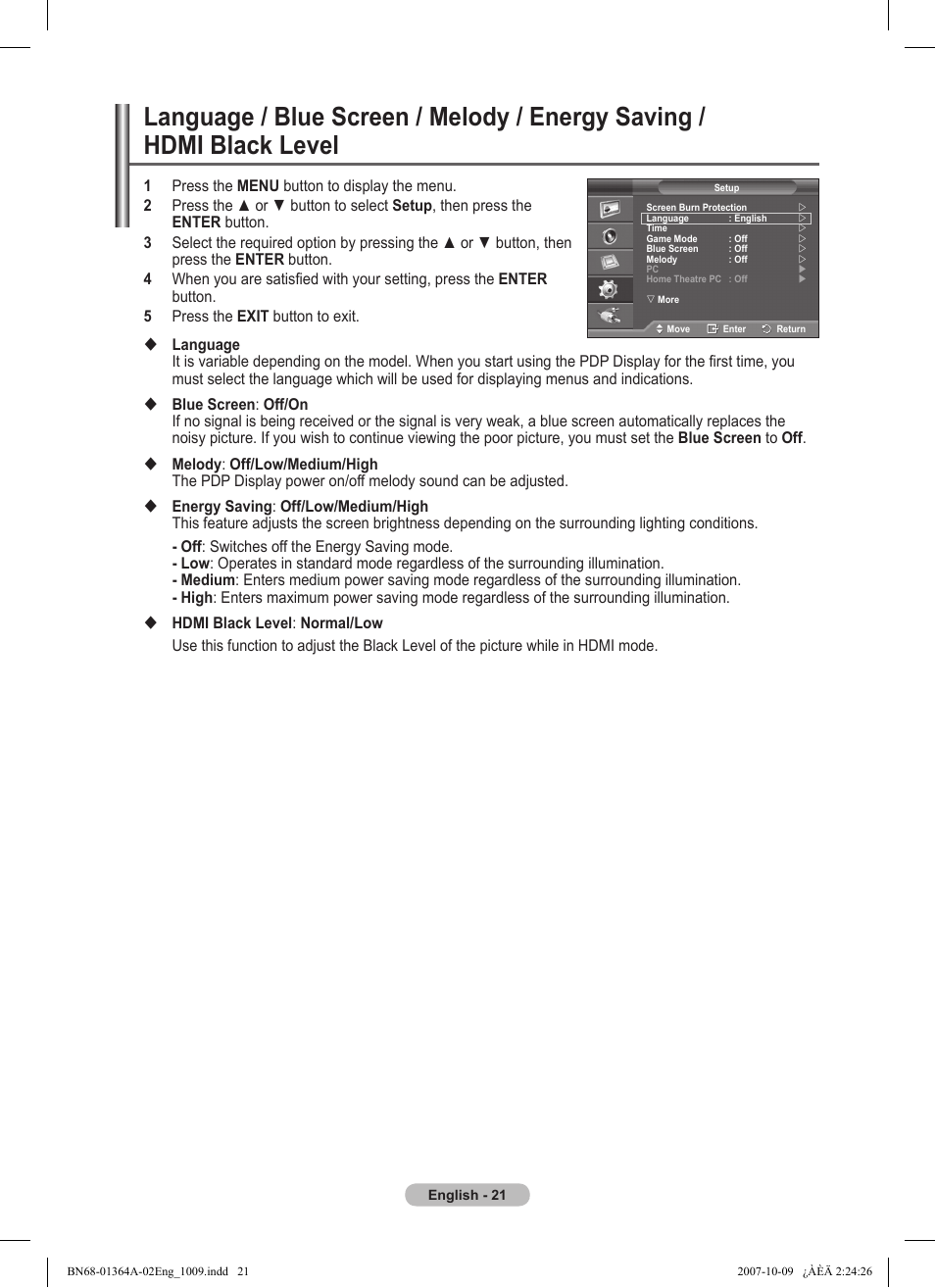 Language / blue screen / melody / energy saving | Samsung LS57BPHNBG-ZA User Manual | Page 21 / 40