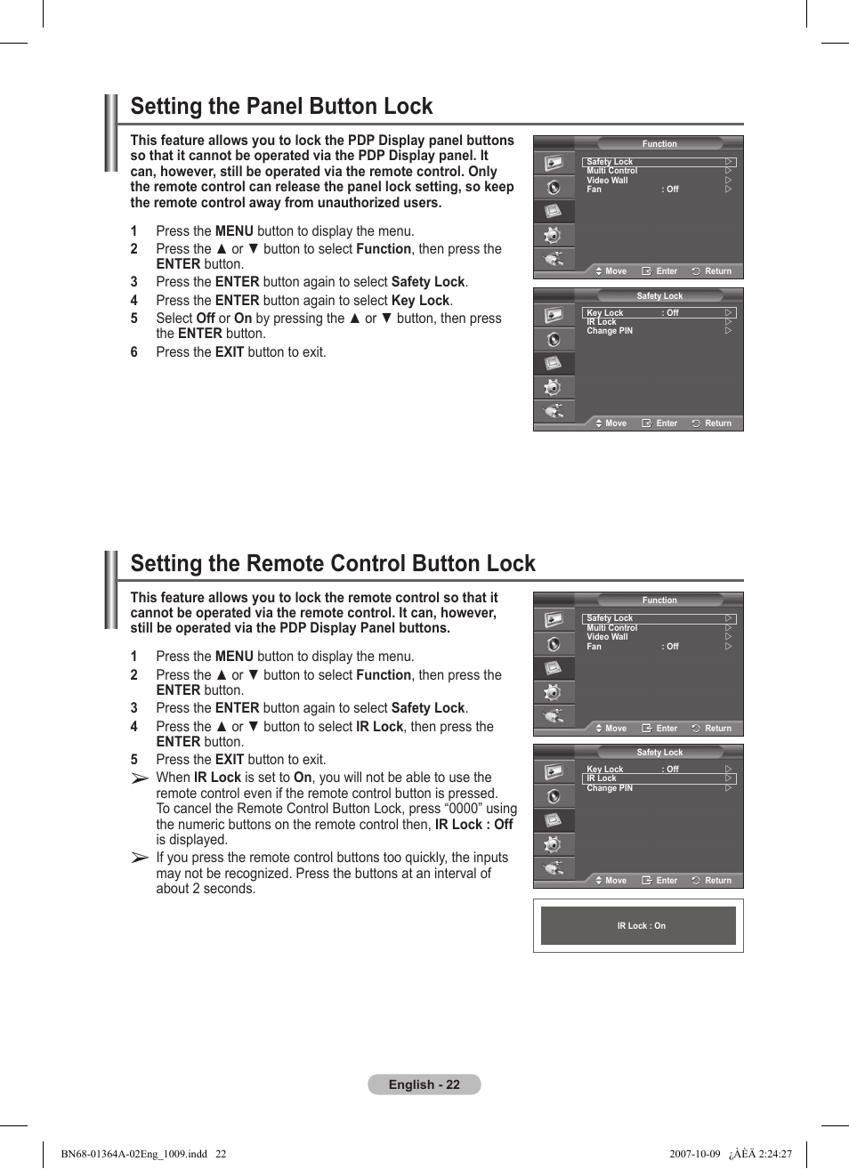 Setting the panel button lock, Setting the remote control button lock | Samsung LS57BPHNBG-ZA User Manual | Page 22 / 40