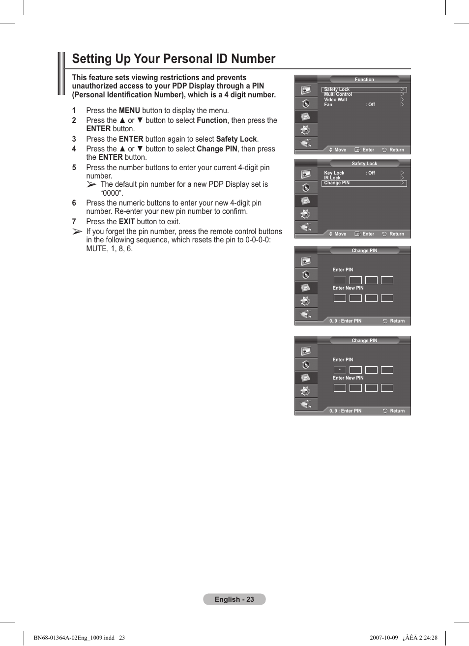 Setting up your personal id number | Samsung LS57BPHNBG-ZA User Manual | Page 23 / 40