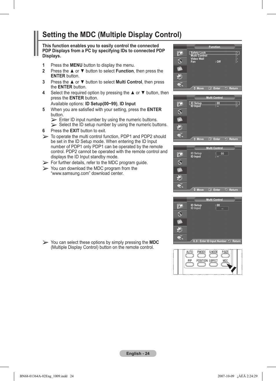 Setting the mdc (multiple display control) | Samsung LS57BPHNBG-ZA User Manual | Page 24 / 40