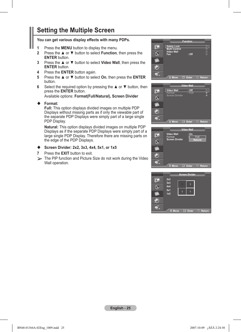 Setting the multiple screen | Samsung LS57BPHNBG-ZA User Manual | Page 25 / 40