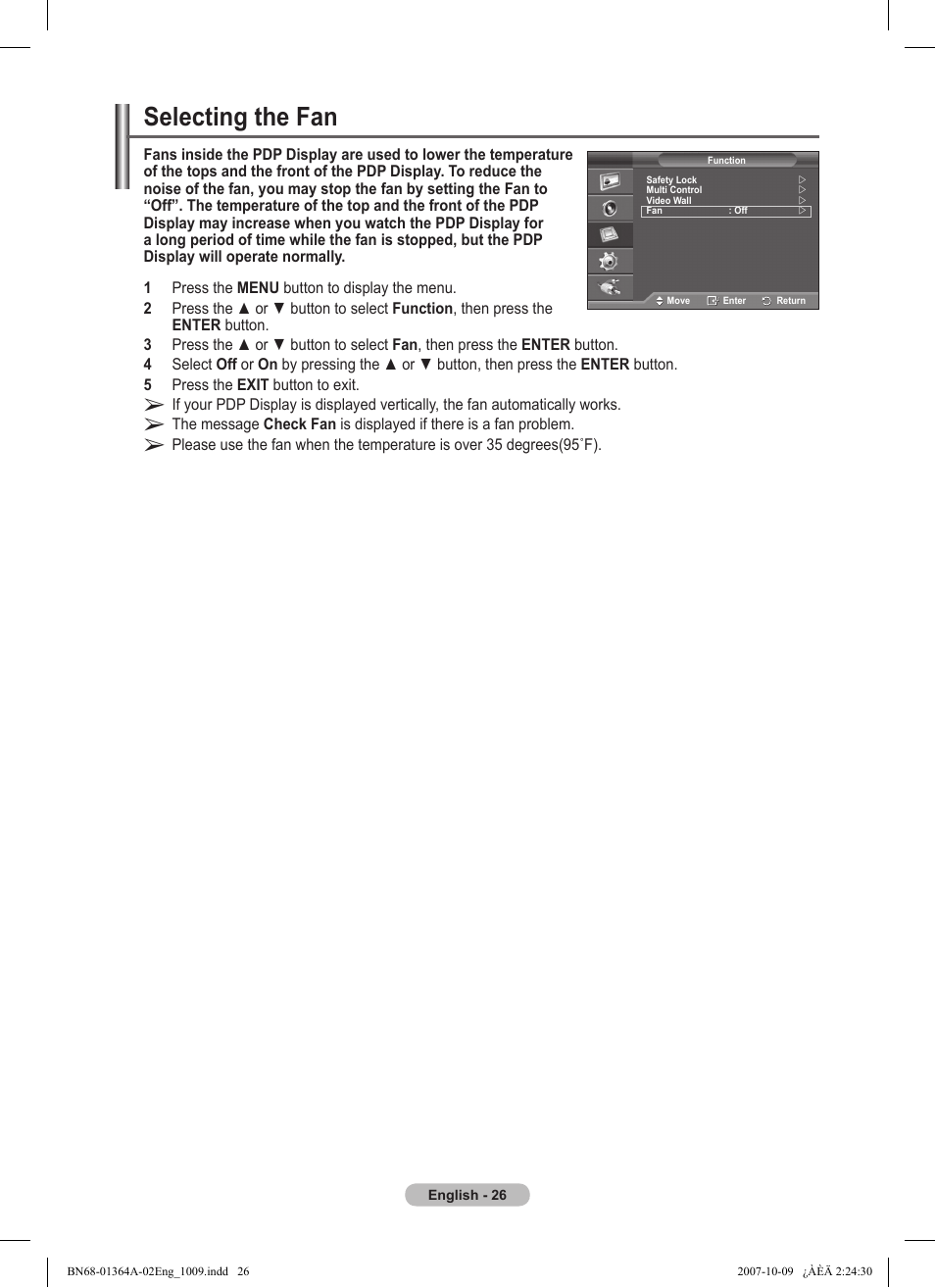 Selecting the fan | Samsung LS57BPHNBG-ZA User Manual | Page 26 / 40