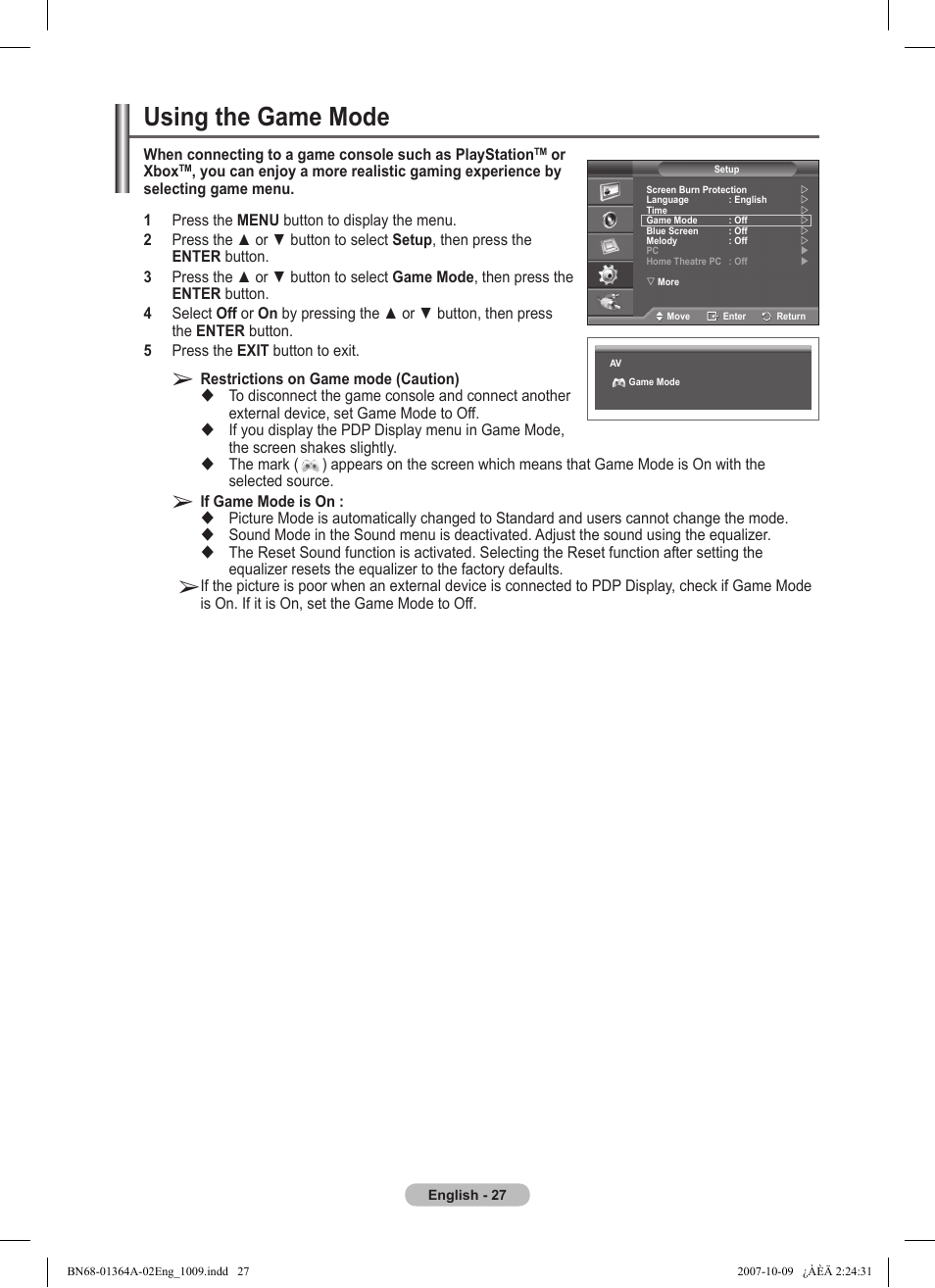 Using the game mode | Samsung LS57BPHNBG-ZA User Manual | Page 27 / 40