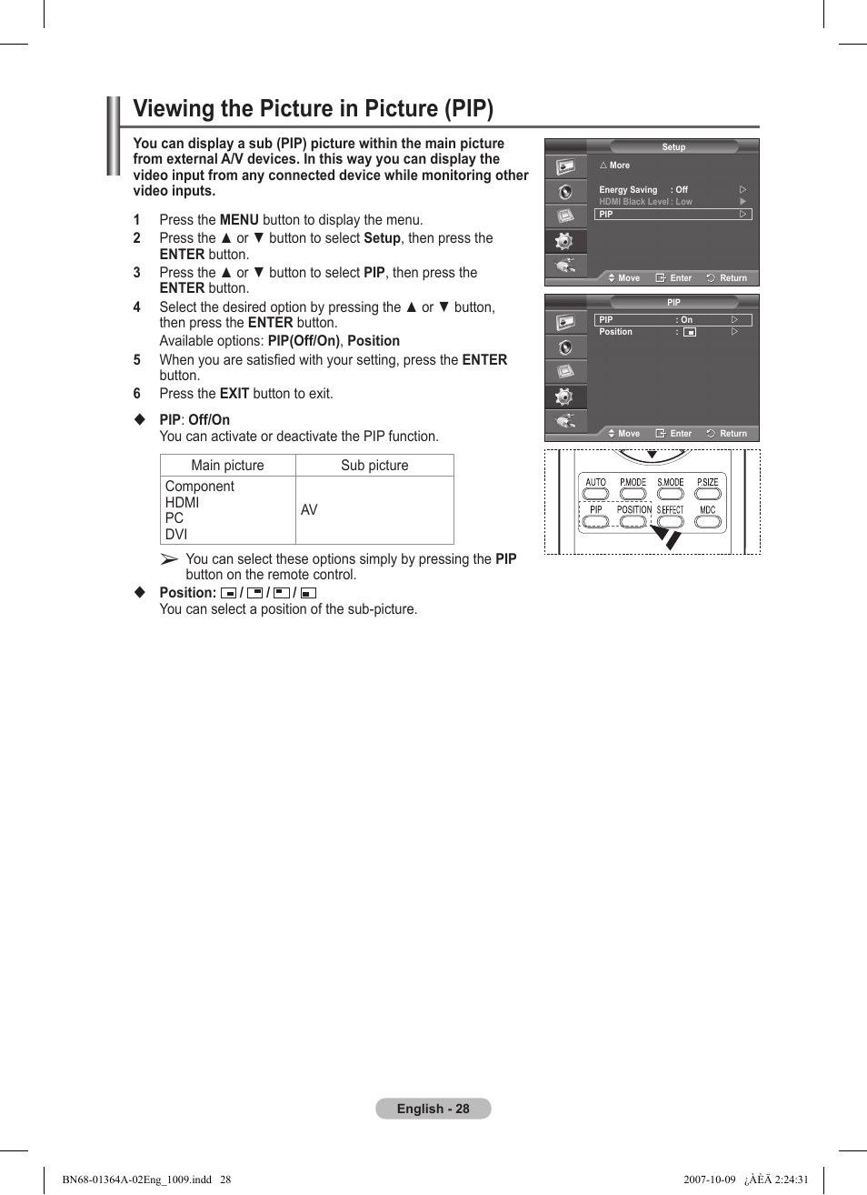 Viewing the picture in picture (pip) | Samsung LS57BPHNBG-ZA User Manual | Page 28 / 40