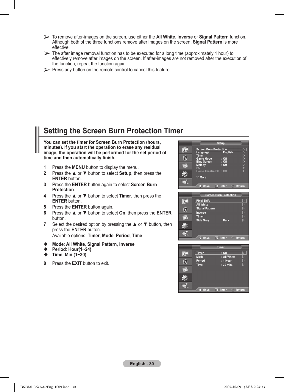 Setting the screen burn protection timer | Samsung LS57BPHNBG-ZA User Manual | Page 30 / 40