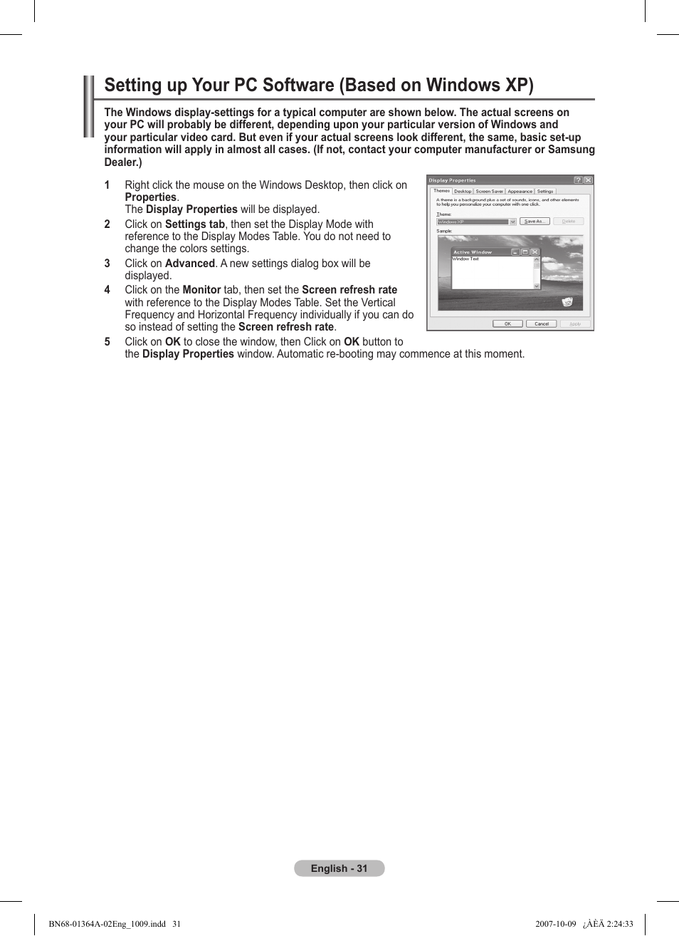 Setting up your pc software (based on windows xp) | Samsung LS57BPHNBG-ZA User Manual | Page 31 / 40