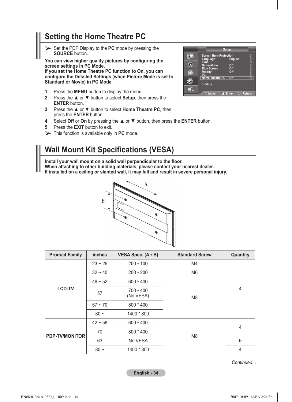 Setting the home theatre pc, Wall mount kit specifications (vesa) | Samsung LS57BPHNBG-ZA User Manual | Page 34 / 40