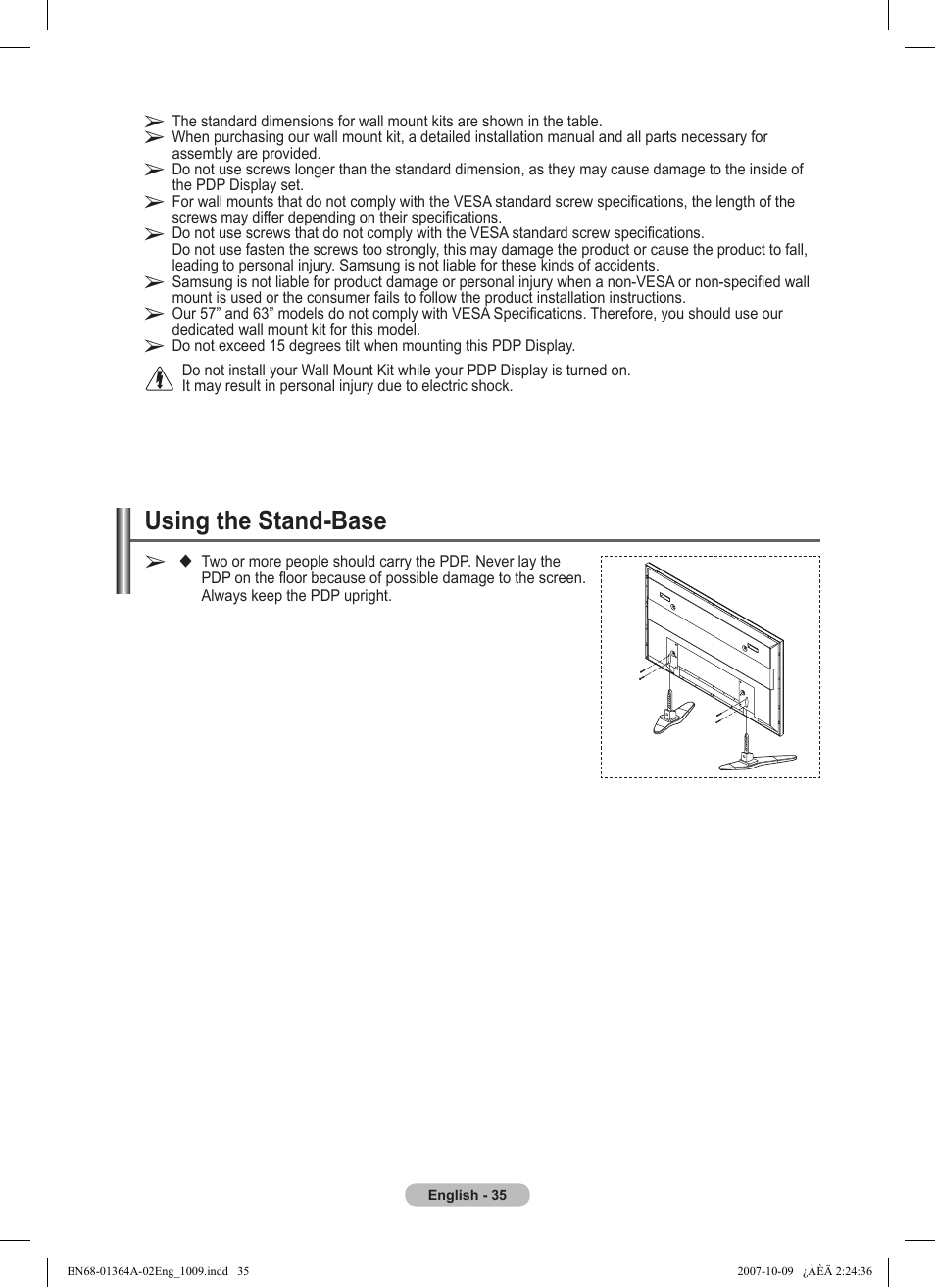 Using the stand-base | Samsung LS57BPHNBG-ZA User Manual | Page 35 / 40