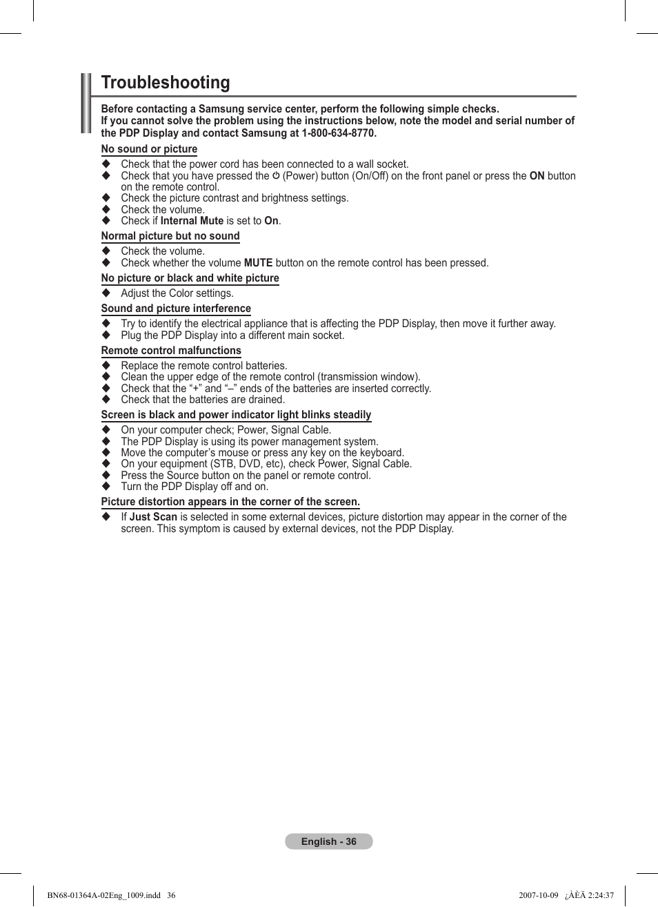 Troubleshooting | Samsung LS57BPHNBG-ZA User Manual | Page 36 / 40