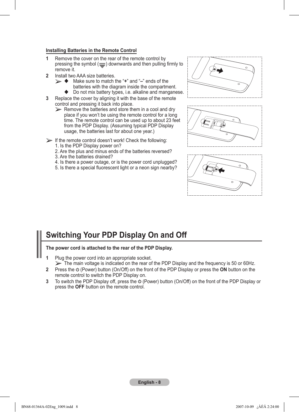 Switching your pdp display on and off | Samsung LS57BPHNBG-ZA User Manual | Page 8 / 40