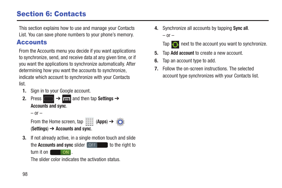 Section 6: contacts, Accounts | Samsung SGH-T699DABTMB User Manual | Page 104 / 344