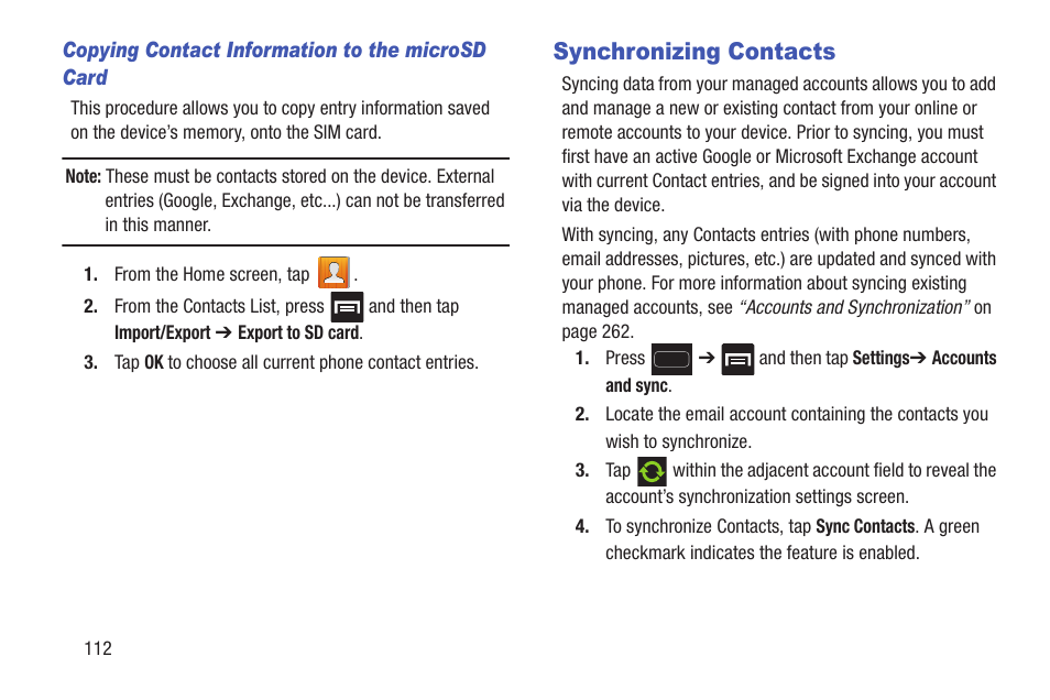 Synchronizing contacts | Samsung SGH-T699DABTMB User Manual | Page 118 / 344