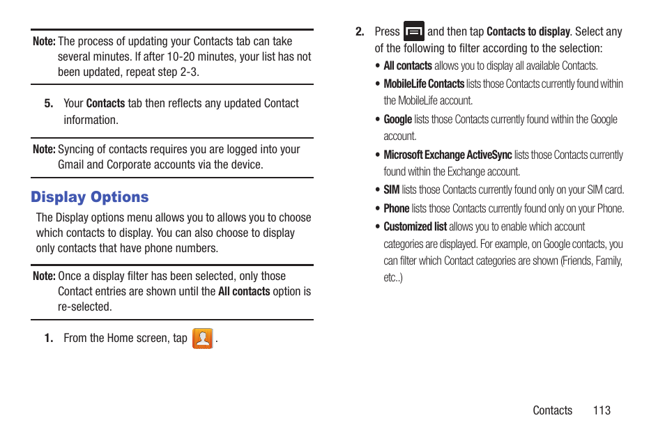 Display options | Samsung SGH-T699DABTMB User Manual | Page 119 / 344