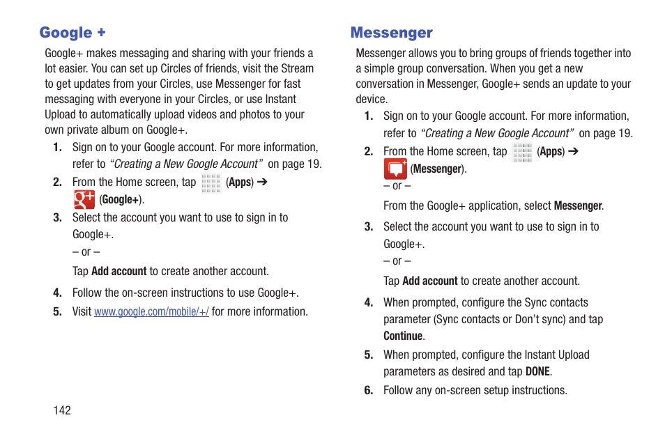 Google, Messenger, Google + messenger | Samsung SGH-T699DABTMB User Manual | Page 148 / 344