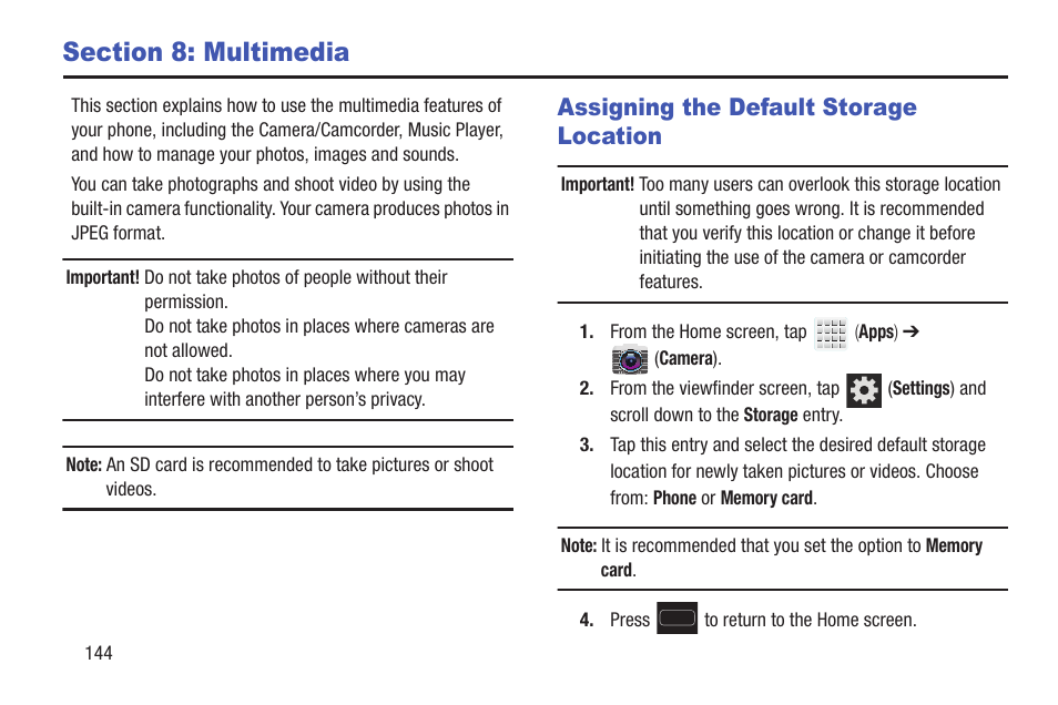 Section 8: multimedia, Assigning the default storage location | Samsung SGH-T699DABTMB User Manual | Page 150 / 344