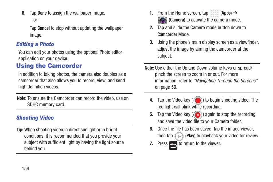 Using the camcorder | Samsung SGH-T699DABTMB User Manual | Page 160 / 344