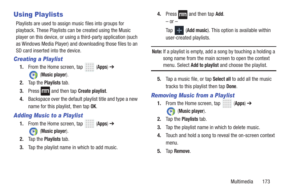 Using playlists | Samsung SGH-T699DABTMB User Manual | Page 179 / 344