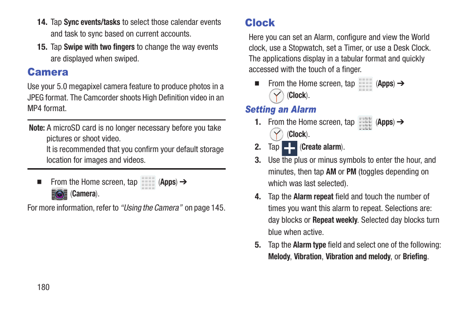 Camera, Clock, Camera clock | Samsung SGH-T699DABTMB User Manual | Page 186 / 344