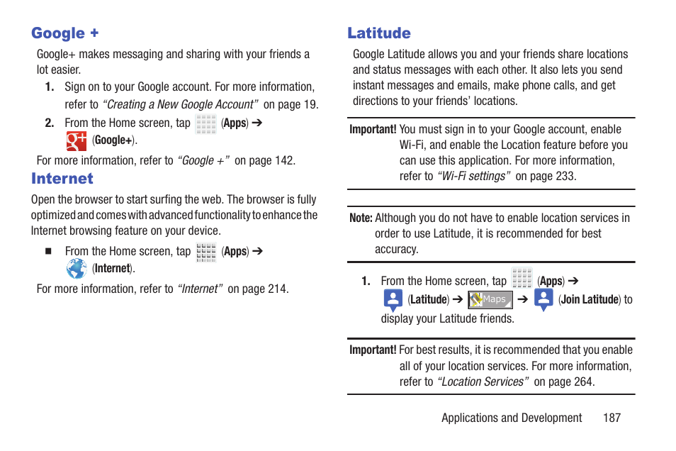 Google, Internet, Latitude | Google + internet latitude | Samsung SGH-T699DABTMB User Manual | Page 193 / 344