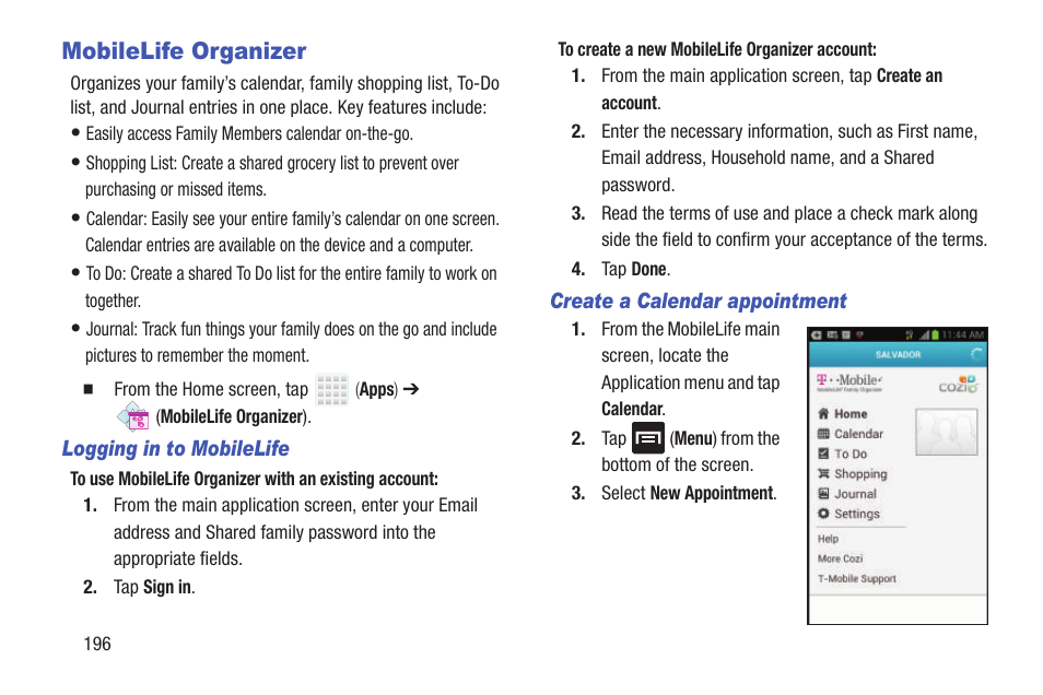 Mobilelife organizer | Samsung SGH-T699DABTMB User Manual | Page 202 / 344