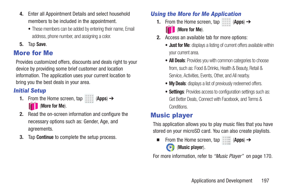 More for me, Music player, More for me music player | Samsung SGH-T699DABTMB User Manual | Page 203 / 344