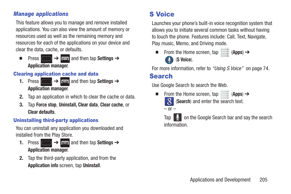 S voice, Search, S voice search | Samsung SGH-T699DABTMB User Manual | Page 211 / 344