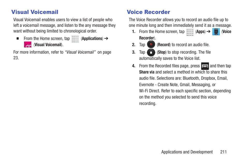 Visual voicemail, Voice recorder, Visual voicemail voice recorder | Samsung SGH-T699DABTMB User Manual | Page 217 / 344