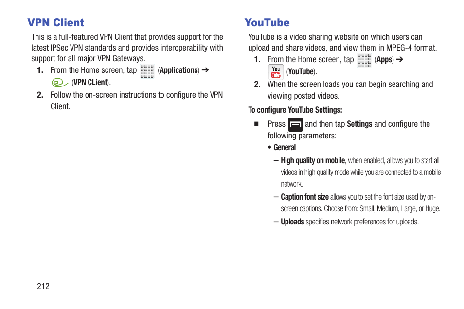 Vpn client, Youtube, Vpn client youtube | Samsung SGH-T699DABTMB User Manual | Page 218 / 344