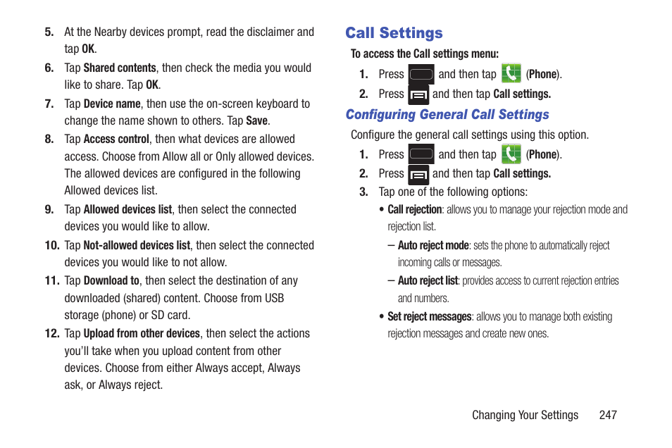 Call settings | Samsung SGH-T699DABTMB User Manual | Page 253 / 344