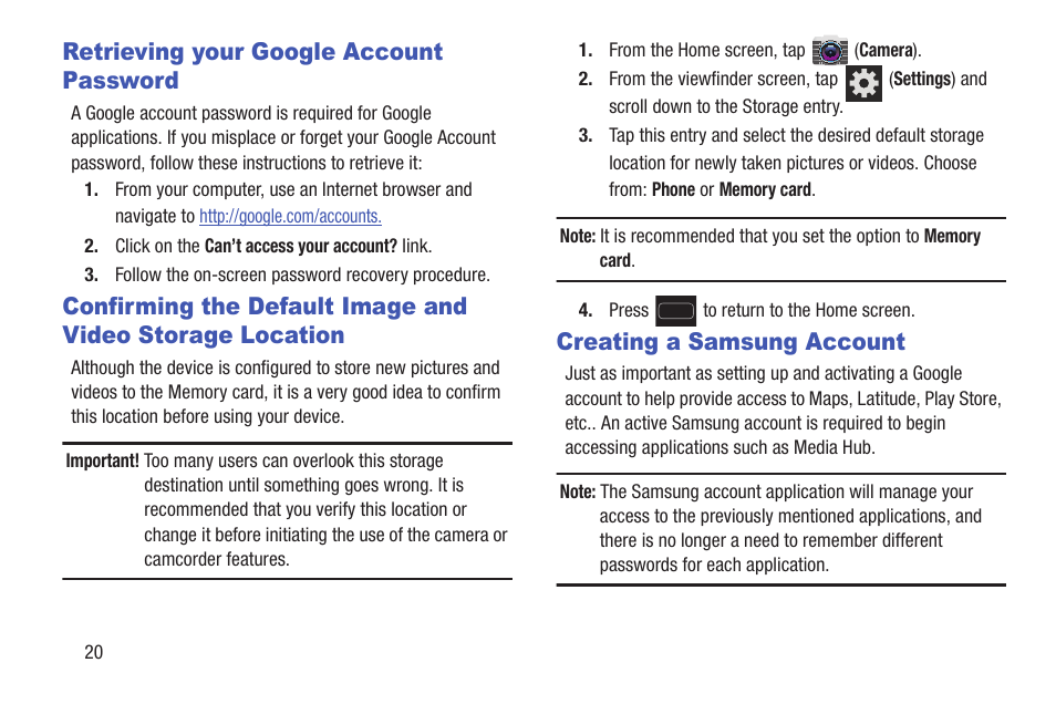 Retrieving your google account password, Creating a samsung account, Storage location | Samsung SGH-T699DABTMB User Manual | Page 26 / 344