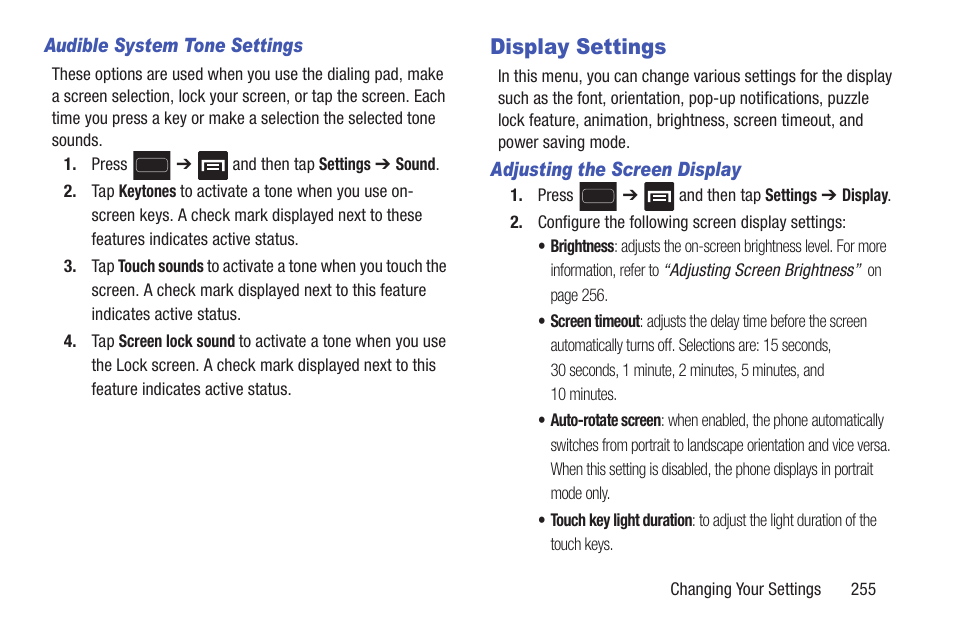 Display settings | Samsung SGH-T699DABTMB User Manual | Page 261 / 344