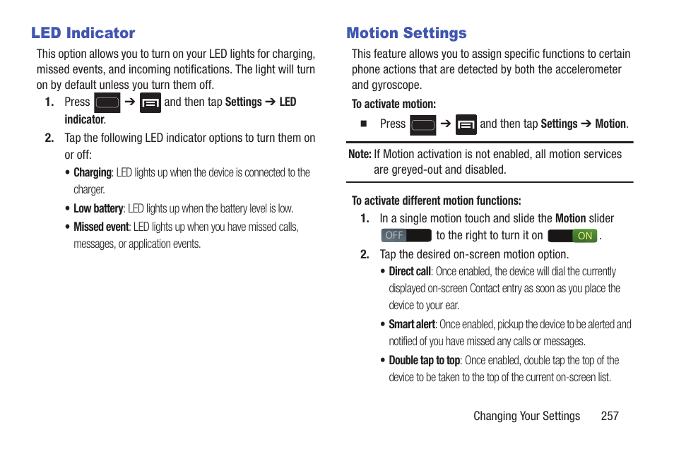 Led indicator, Motion settings, Led indicator motion settings | Ve. for | Samsung SGH-T699DABTMB User Manual | Page 263 / 344