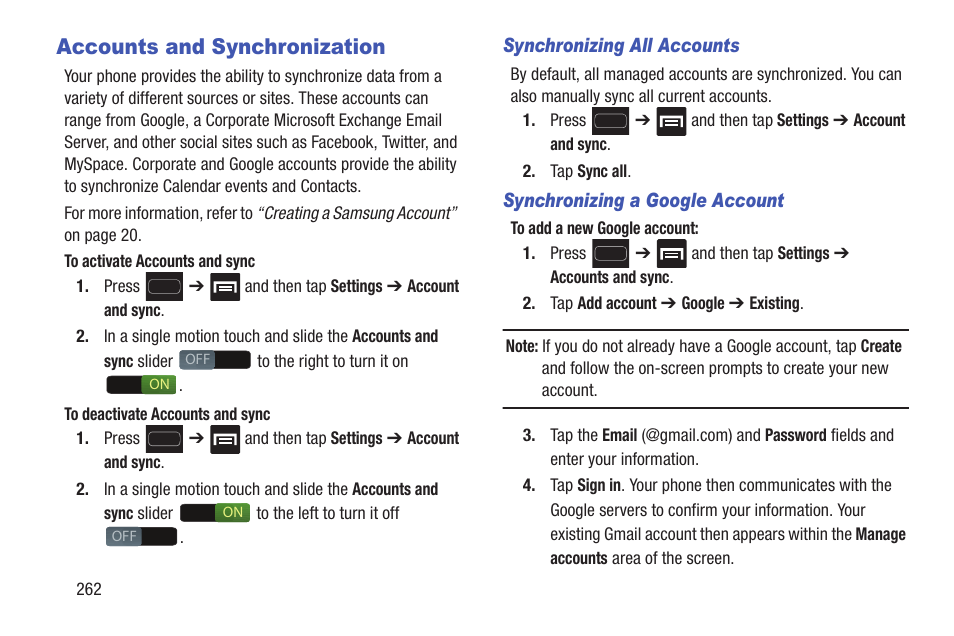 Accounts and synchronization | Samsung SGH-T699DABTMB User Manual | Page 268 / 344