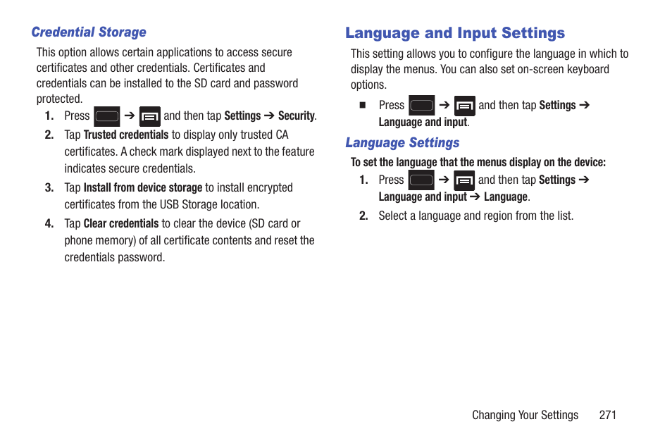 Language and input settings | Samsung SGH-T699DABTMB User Manual | Page 277 / 344