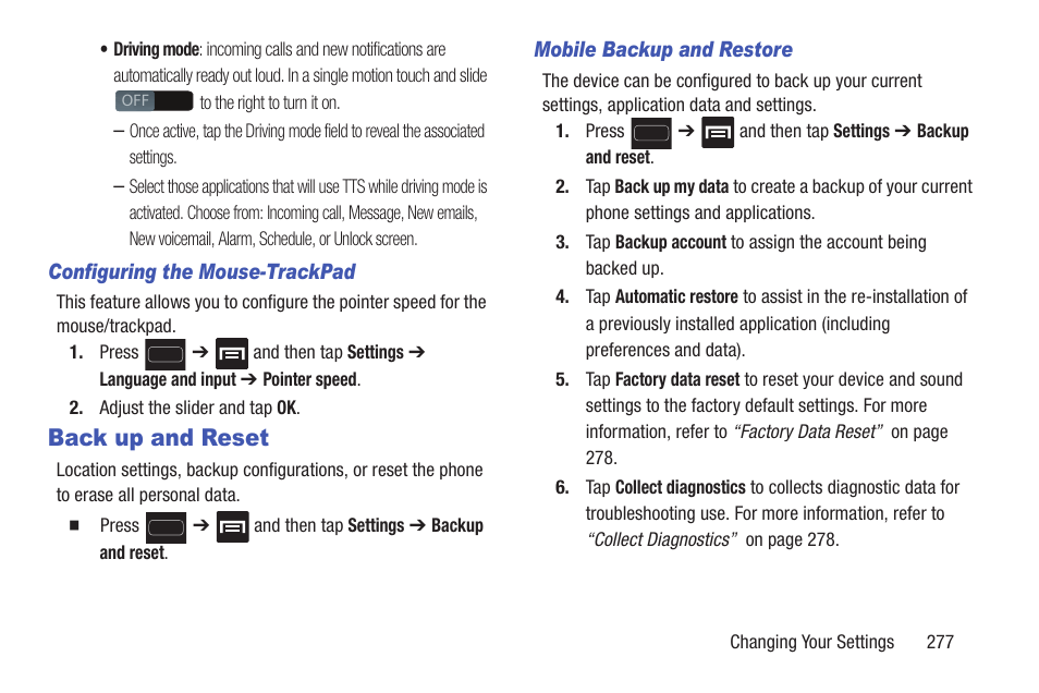 Back up and reset | Samsung SGH-T699DABTMB User Manual | Page 283 / 344