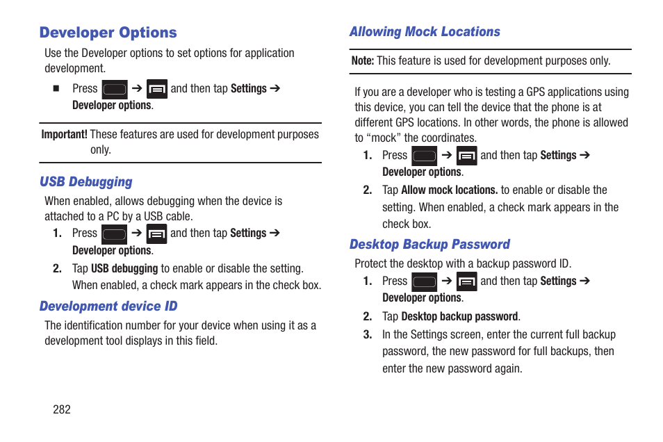 Developer options | Samsung SGH-T699DABTMB User Manual | Page 288 / 344