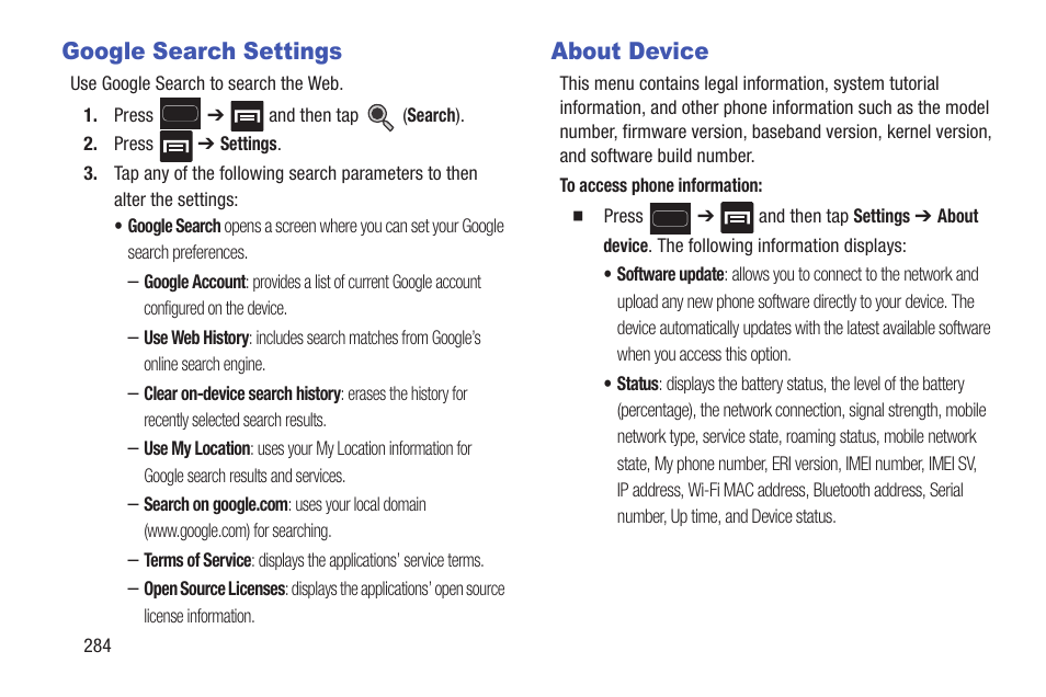 Google search settings, About device, Google search settings about device | Samsung SGH-T699DABTMB User Manual | Page 290 / 344