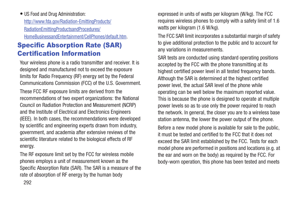 Specific absorption rate (sar) certification, Information | Samsung SGH-T699DABTMB User Manual | Page 298 / 344